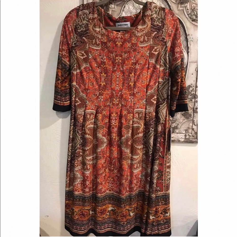 NWT Fall Orange Brown Dress Med. modest stretch